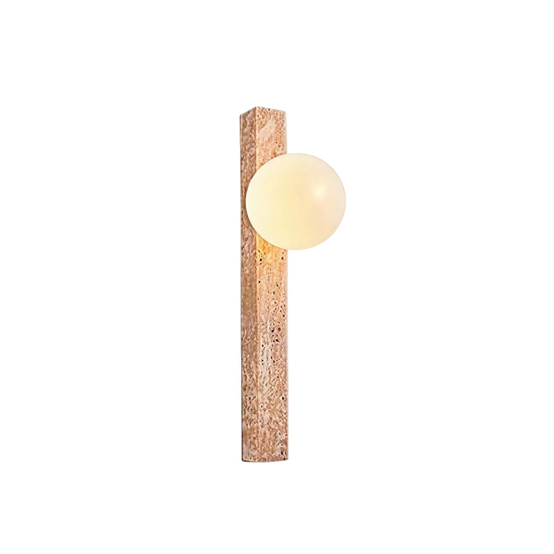 Up down lighting wall sconce with a slim natural stone bar and round frosted globe light.