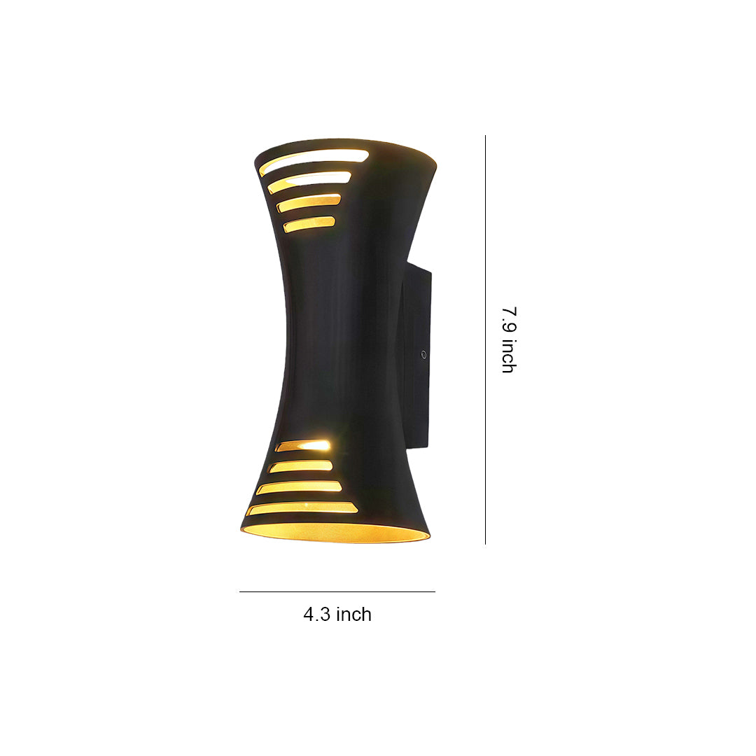 Up down lighting wall sconce with glass shade chandelier inspired design featuring black hourglass shape with horizontal slatted cutouts.