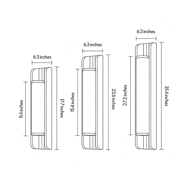 Up down outdoor wall sconce dimension drawing with multiple size options for exterior wall installation.