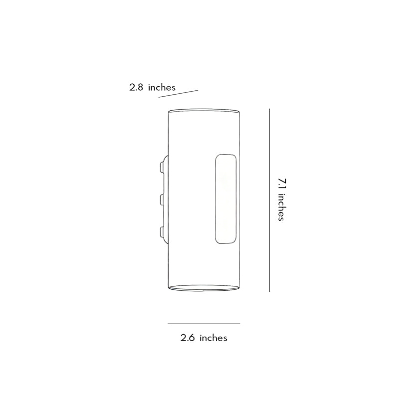 Up down wall light dimension drawing with modern cylindrical outdoor wall fixture measurements.