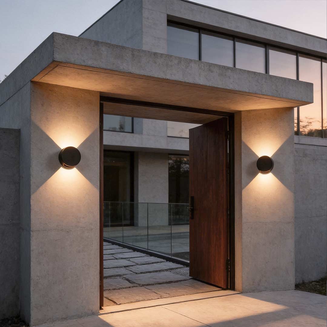 Up and down wall lights enhancing a contemporary entrance with elegant ambient light.