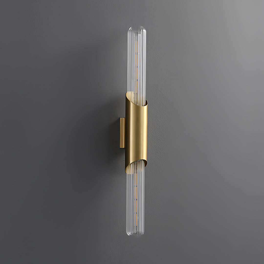 Up down wall lights mounted on a dark wall, creating a striking contrast with their warm glow.