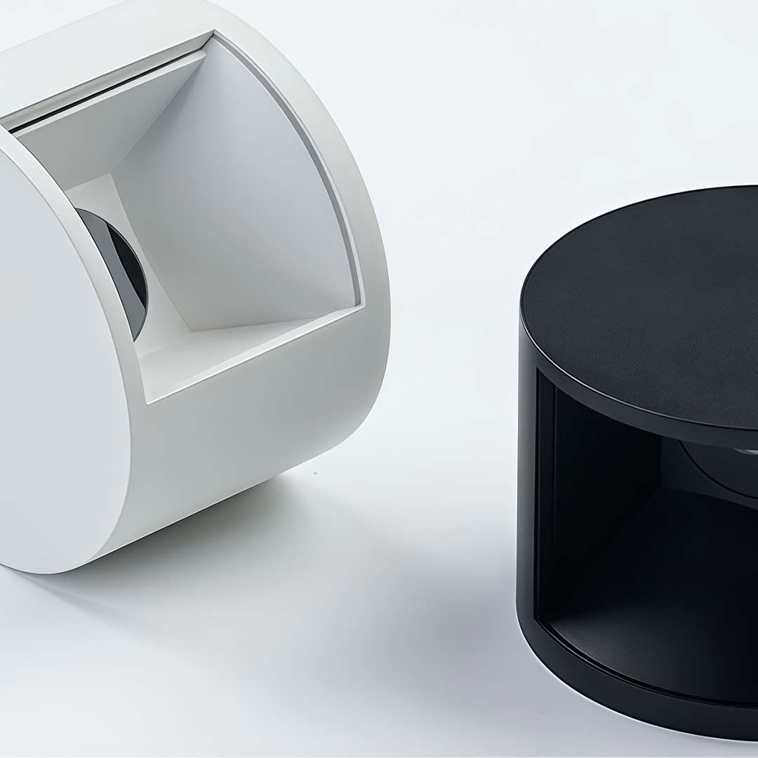 Up and down wall lights with detailed view of their design and light diffusion.