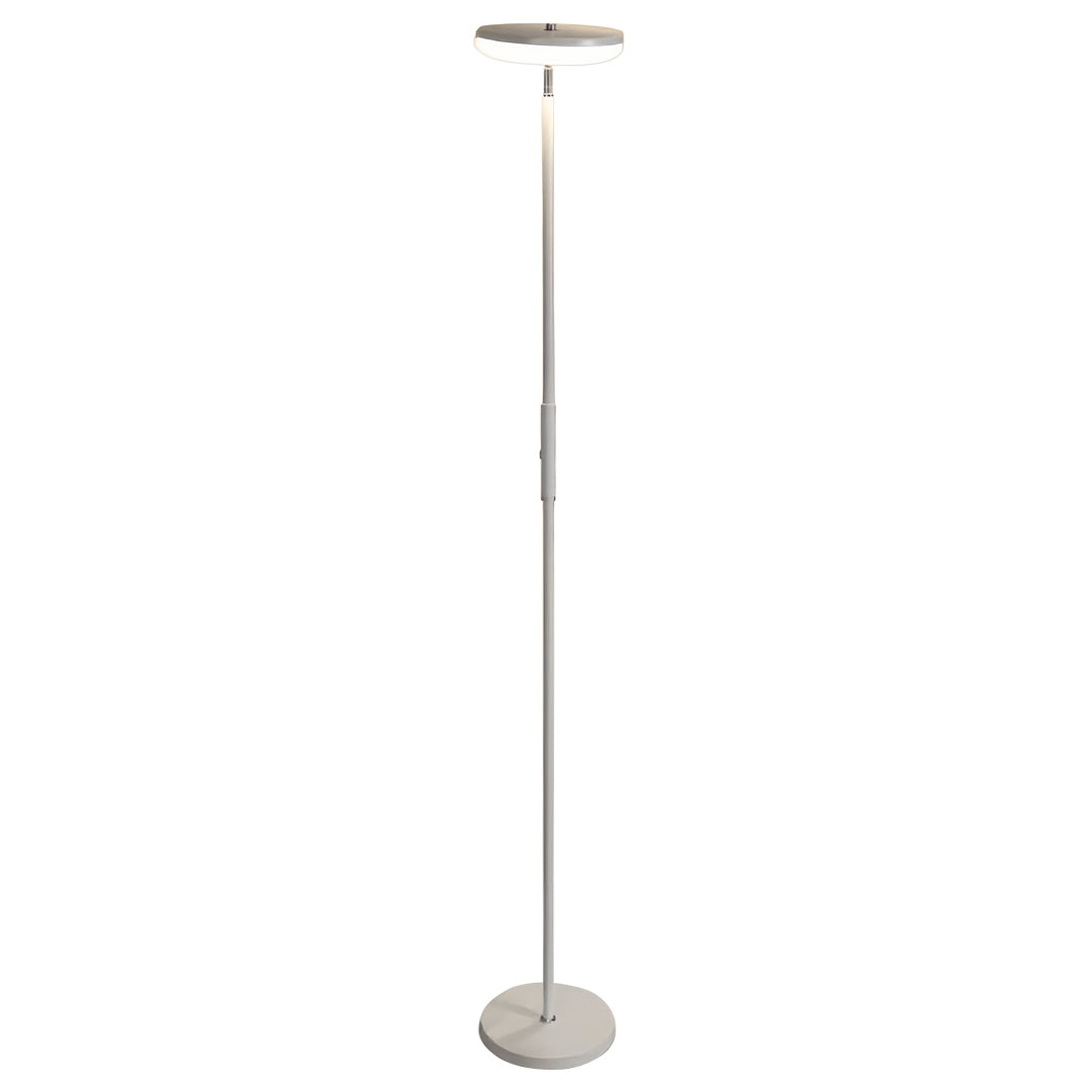 Uplight floor lamp with white LED disc creating bright ceiling illumination and modern lighting effects