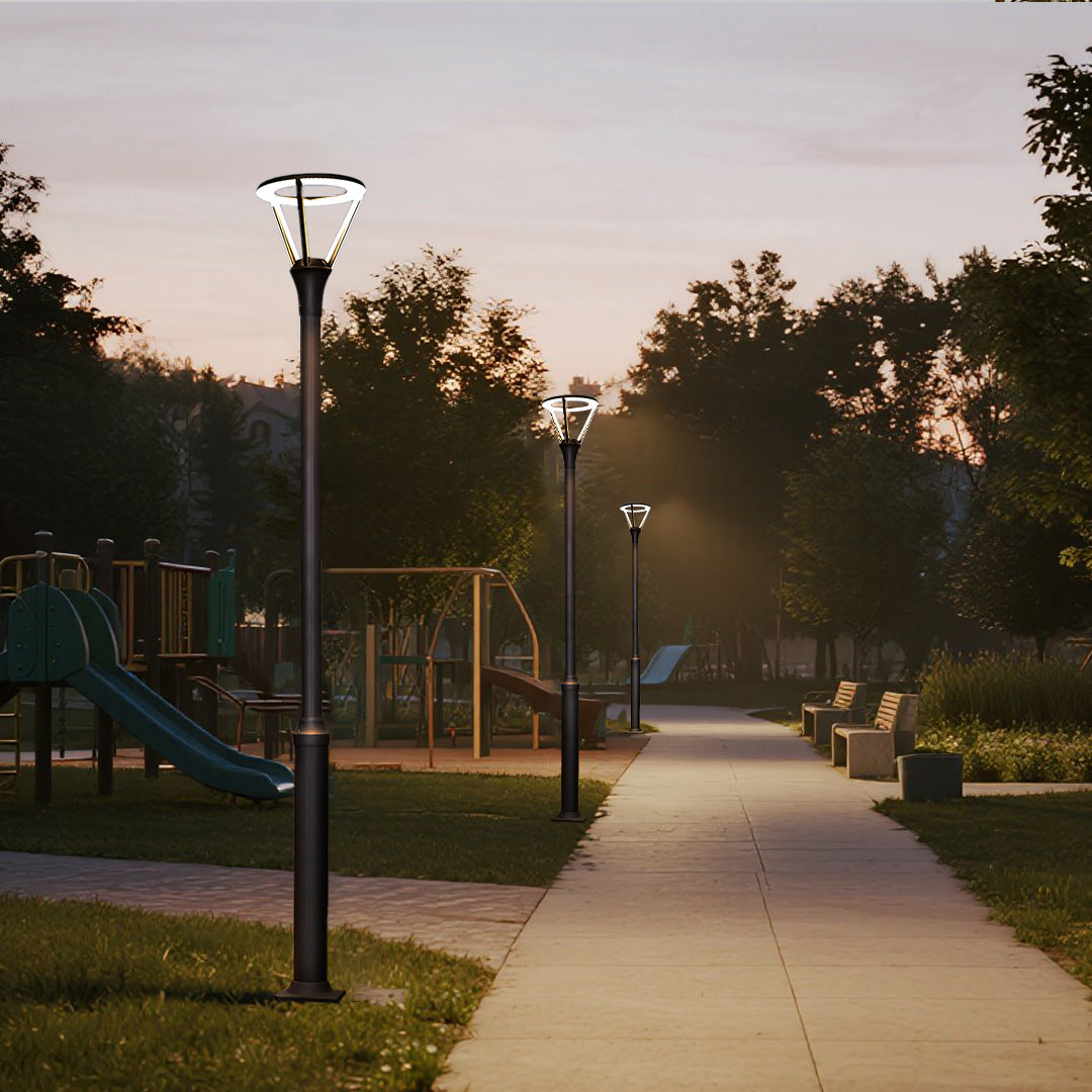 Urban pathway illumination with contemporary street lights enhancing tree-lined residential area