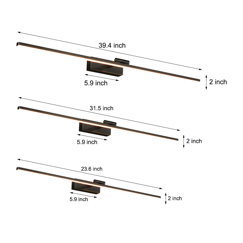 Technical size diagram of vanity LED lights for mirror, displaying length options and mounting dimensions for bathroom installation reference.