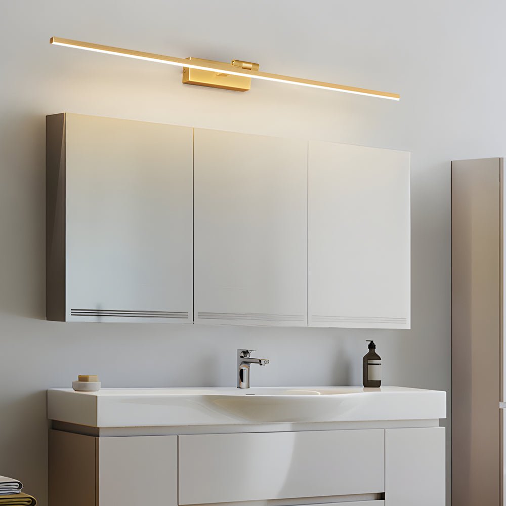 Double-sink bathroom vanity featuring wall-mounted vanity LED lights for mirror in a gold tone, creating a refined and balanced lighting effect.
