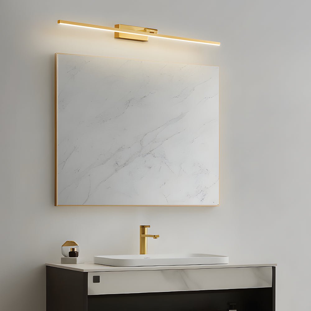 Elegant marble-look mirror paired with gold-finish vanity LED lights for mirror, delivering warm accent lighting in a modern bathroom setting.