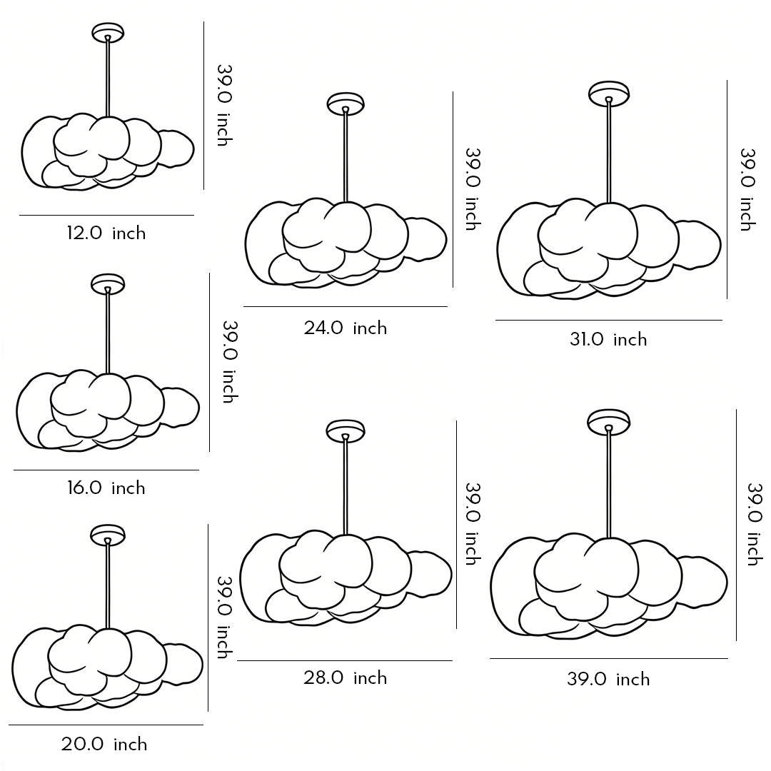 Cloud pendant light showing multiple size options in centimeters.