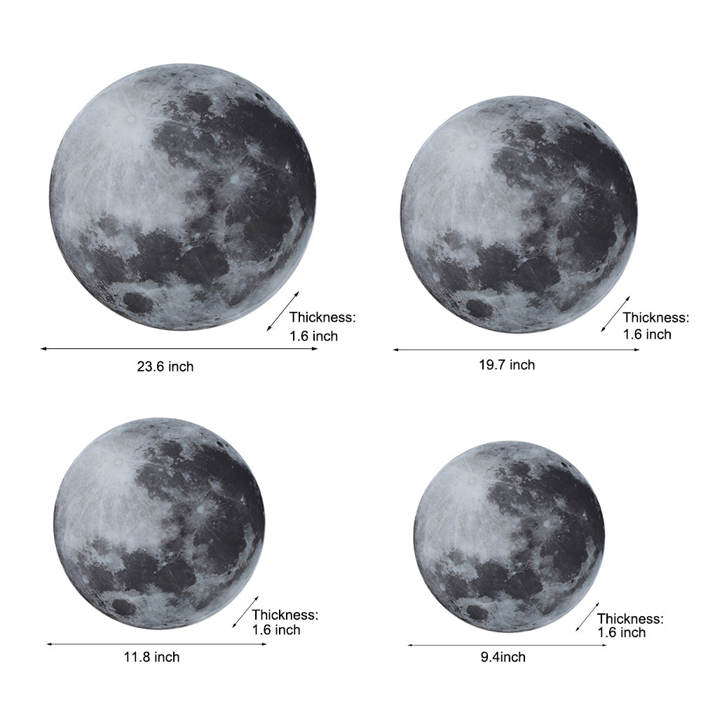 Full moon lamp wall decor in various sizes 22.8, 19.7, 15.7, and 11.8 inches, showcasing realistic moon surface texture