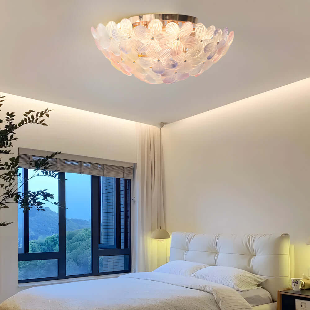 This French Petal ceiling light blends artistic glass craftsmanship with modern functionality, offering bright illumination while maintaining a subtle, graceful floral silhouette.