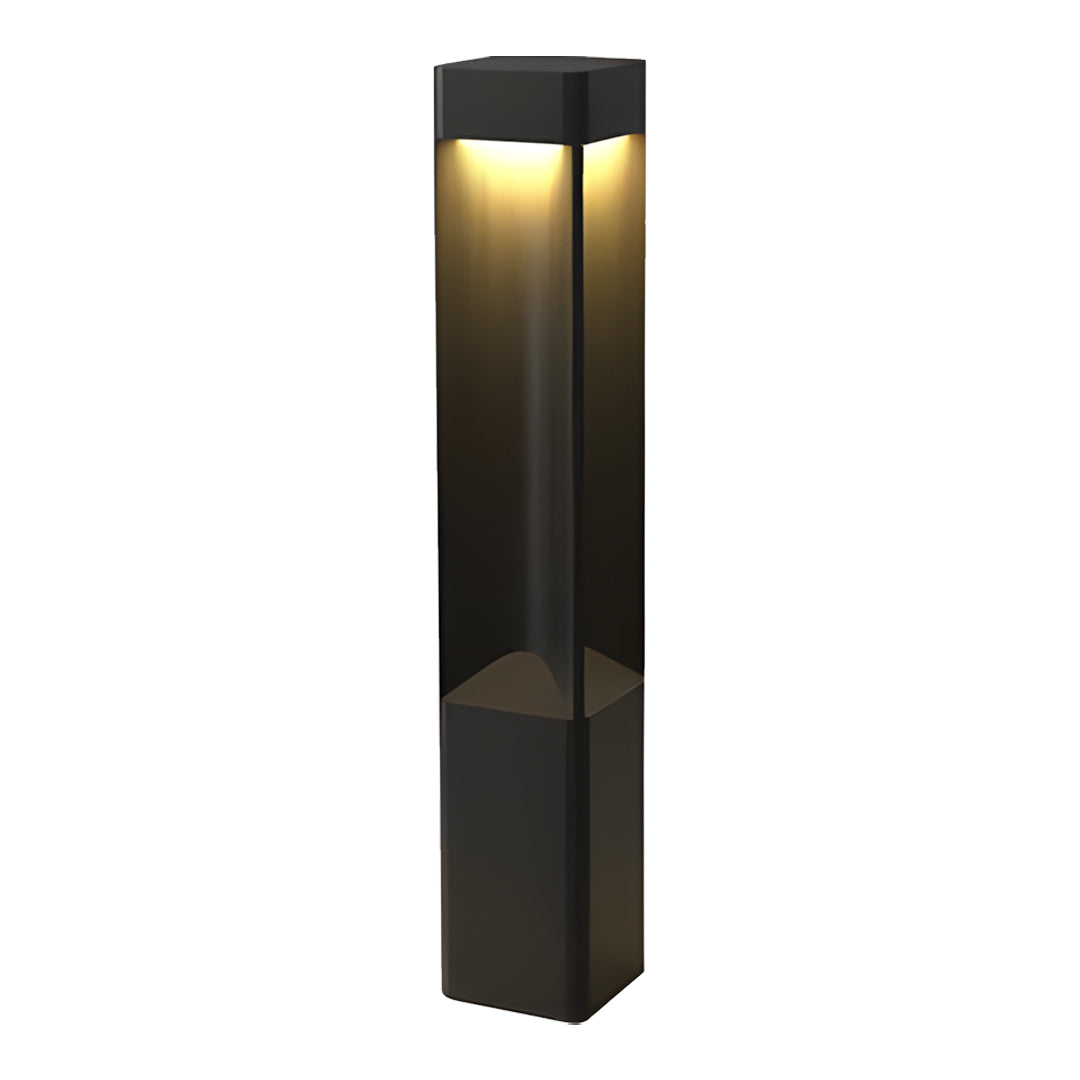 Sleek vertical bollards lighting fixture emitting soft ambient light from dual openings.