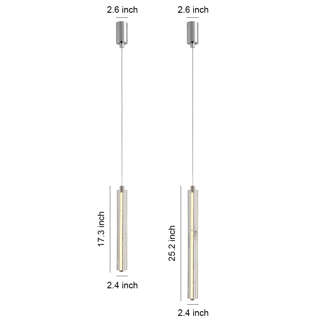 Modern crystal pendant light featuring sleek vertical design with integrated LED strips and minimalist chrome suspension system
