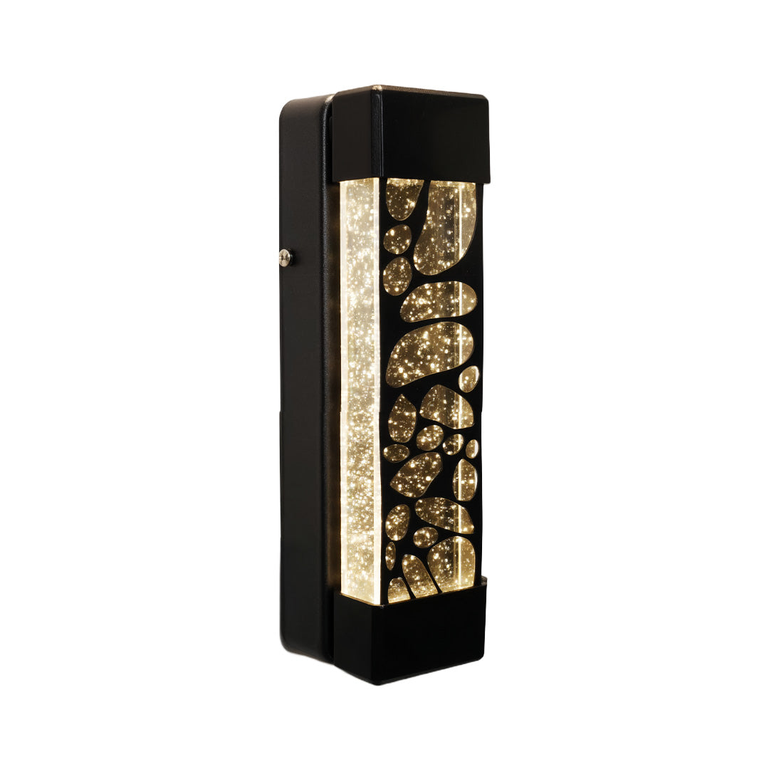 Vertical black framed led linear wall light featuring illuminated gold crushed-texture interior displayed against a white backdrop.