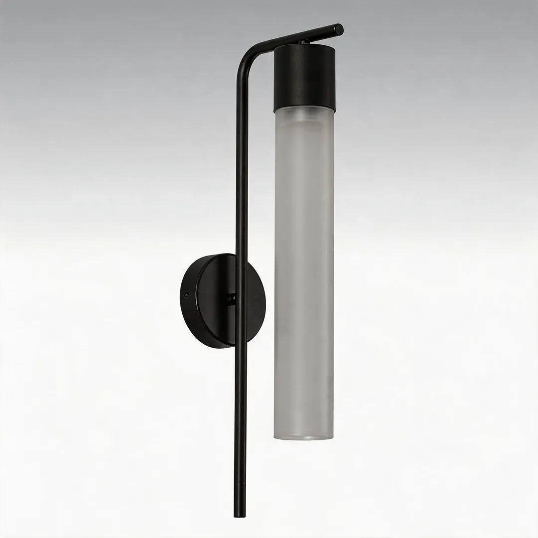 Vertical outdoor wall sconce with black curved arm and frosted glass shade
