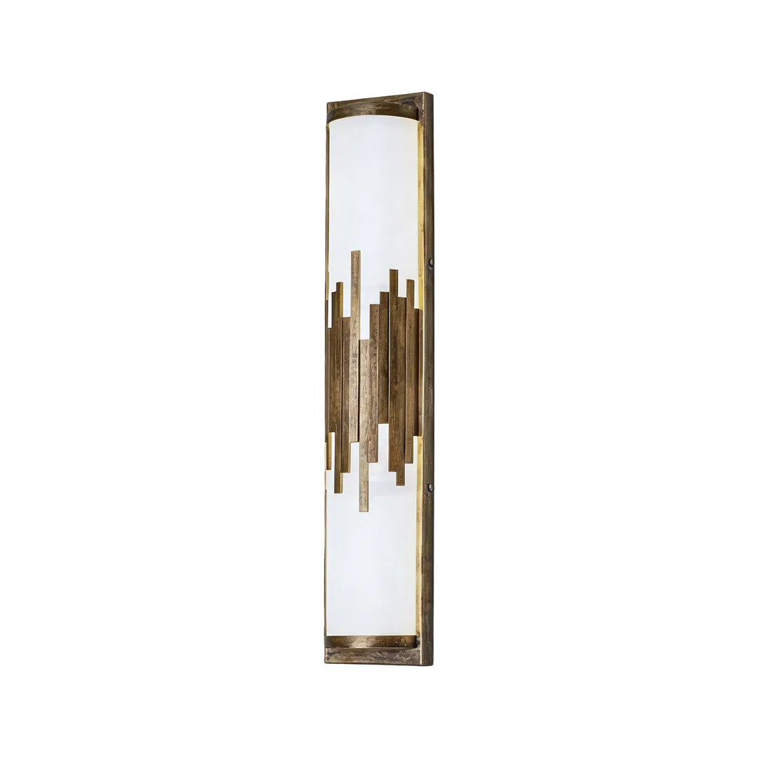 Vertical outdoor wall sconce with gold metal bars and frosted glass diffuser