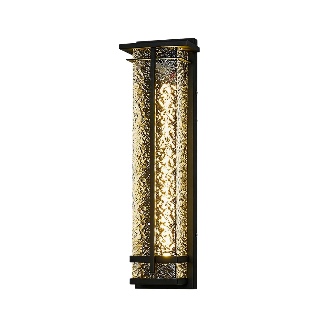 Vertical outdoor wall sconce with black frame and illuminated textured glass