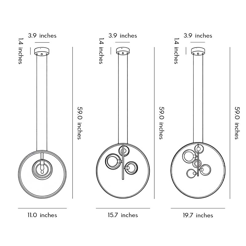 Technical diagram showing dimensions and structure of vertical ring pendant light models.