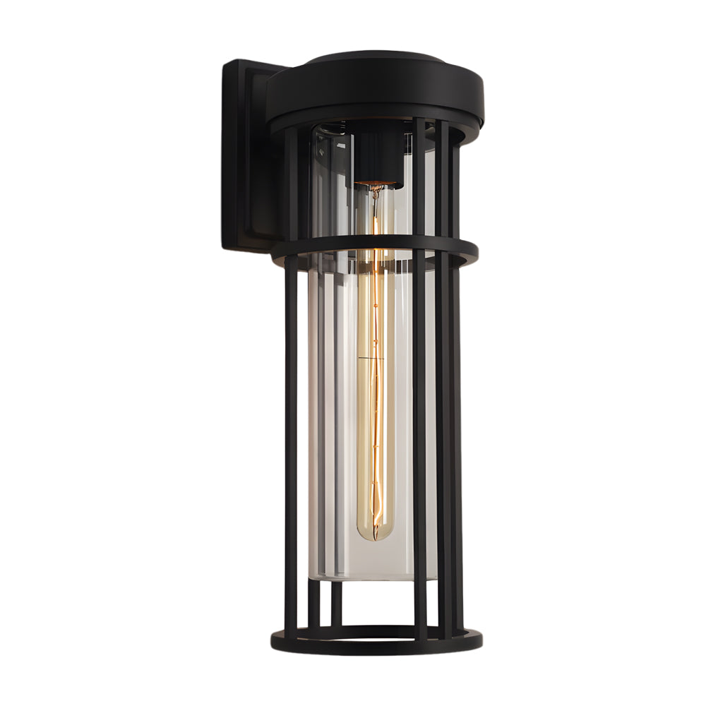 Modern outdoor wall light featuring vertical metal slats and exposed Edison bulb illumination