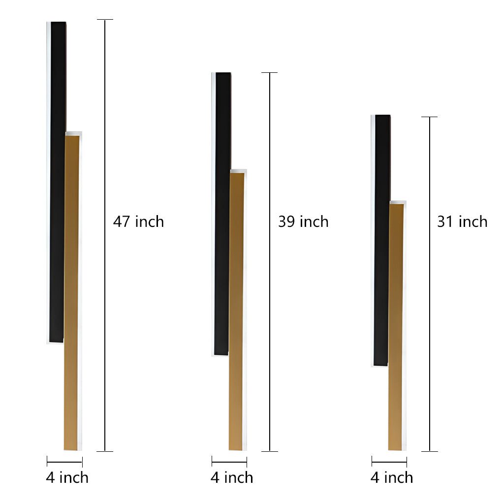 Three vertical wall lights in 47-inch, 39-inch, and 31-inch heights with 4-inch width, black and gold finish.