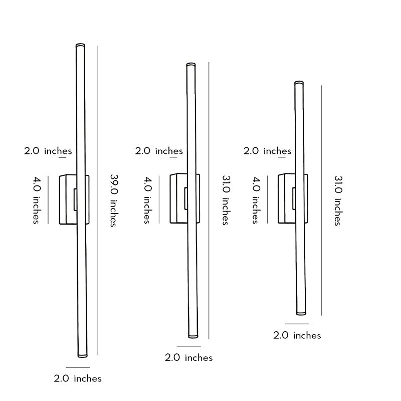 Technical diagram showing dimensions and structure of vertical wall lights models.
