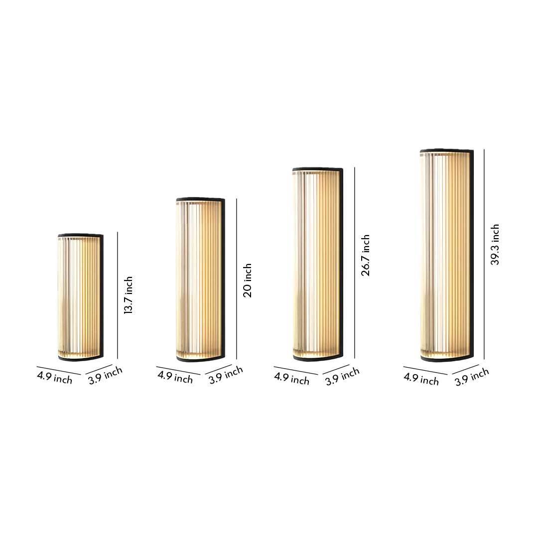 Product dimension guide for the vertical wall sconce lighting, showing four size options: 15.7, 23.6, 35.4, and 47.2 inches tall.