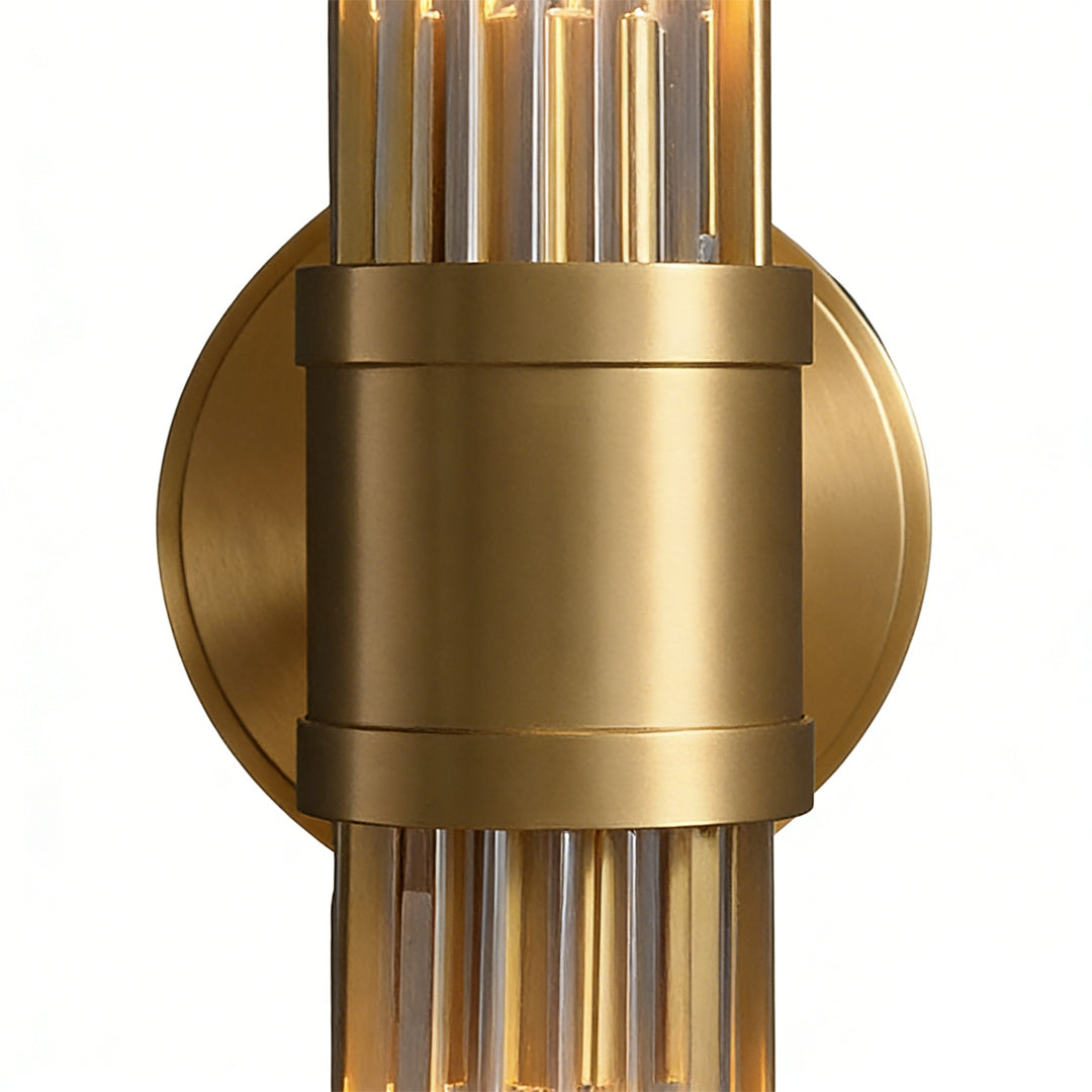 Vertical wall sconce lighting with a modern design, enhancing a stylish bathroom vanity.