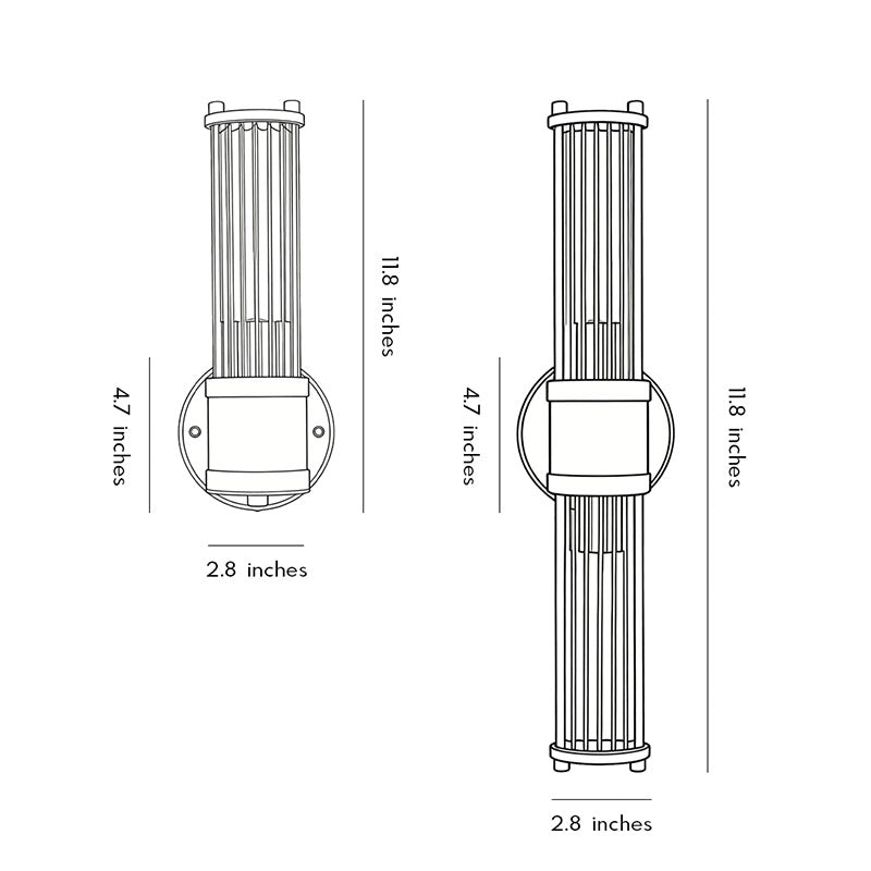 Technical diagram showing dimensions and structure of vertical wall sconce lighting models.