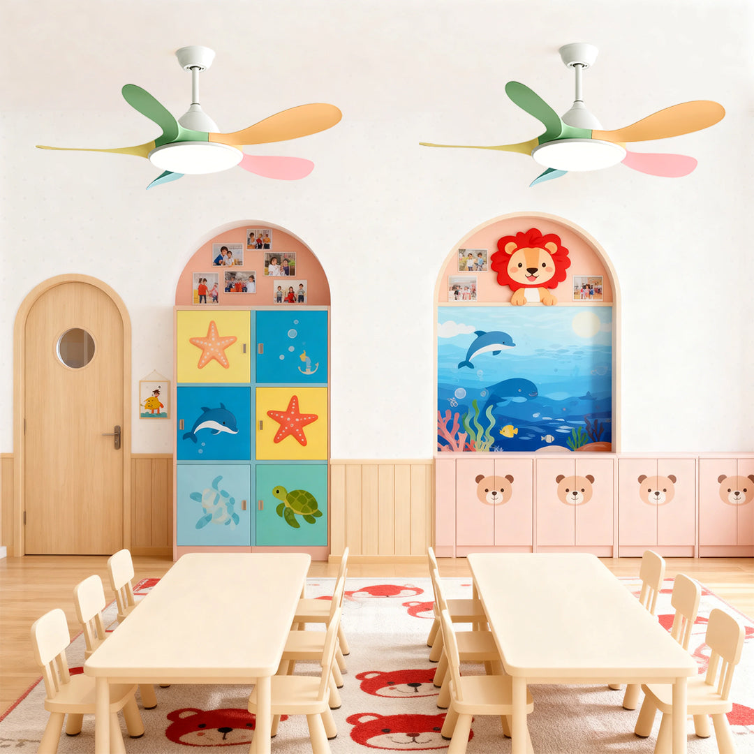 Vibrant 5 blade ceiling fan with light complementing colorful living space with yellow bean bag