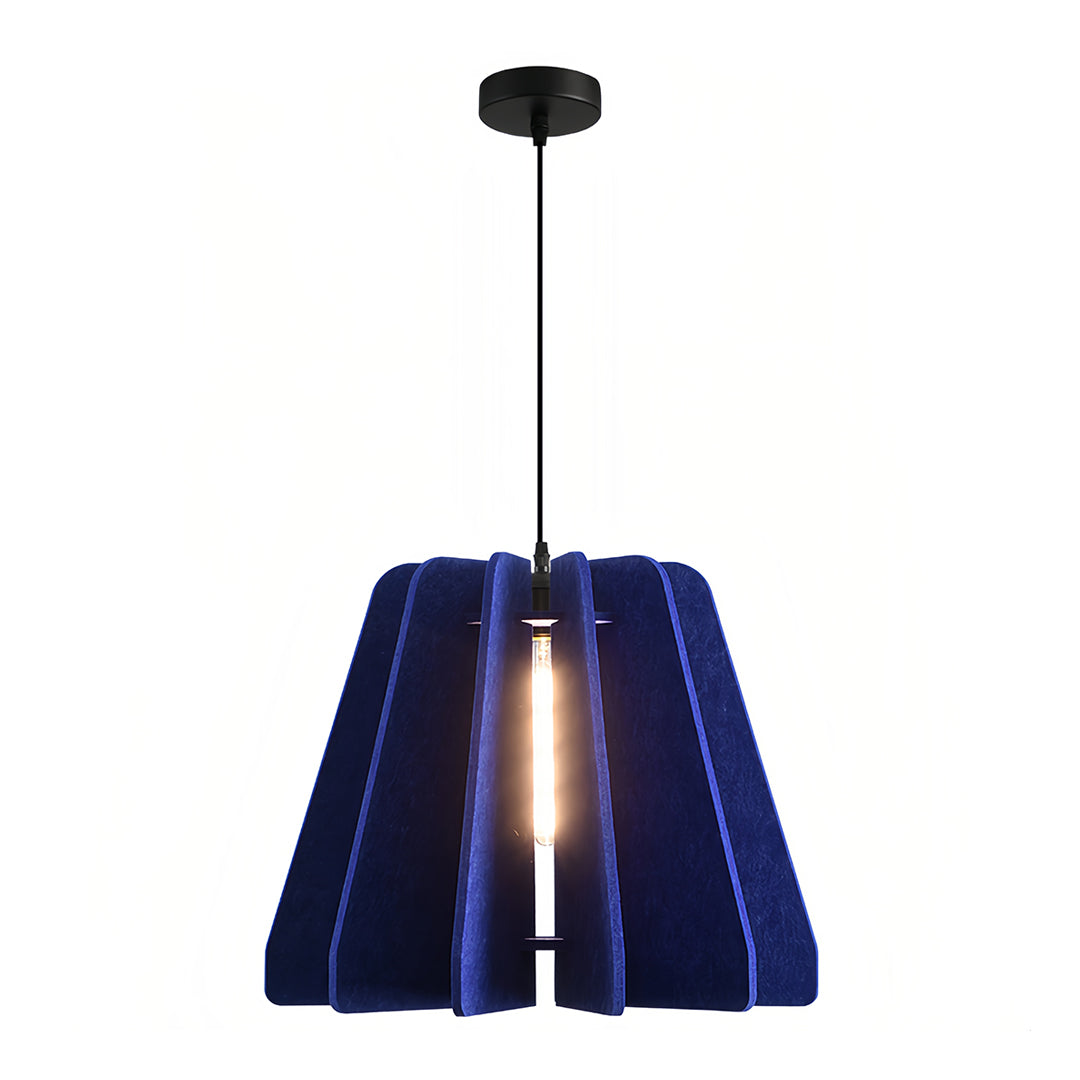 Vibrant blue felt 1 light single pendant lamp with an exposed Edison bulb, providing decorative ambient lighting.