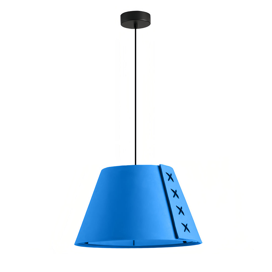 Front view of a vibrant blue felt hanging pendant light with decorative black lacing 