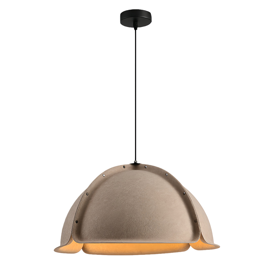 Vibrant blue colored pendant light with a unique slatted shade design, shown in product isolation. 