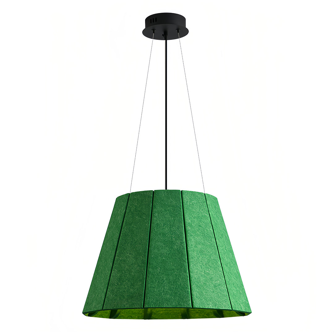 Vibrant green felt industrial pendant light fixture in a tapered drum shape, featuring gold interior lining. 