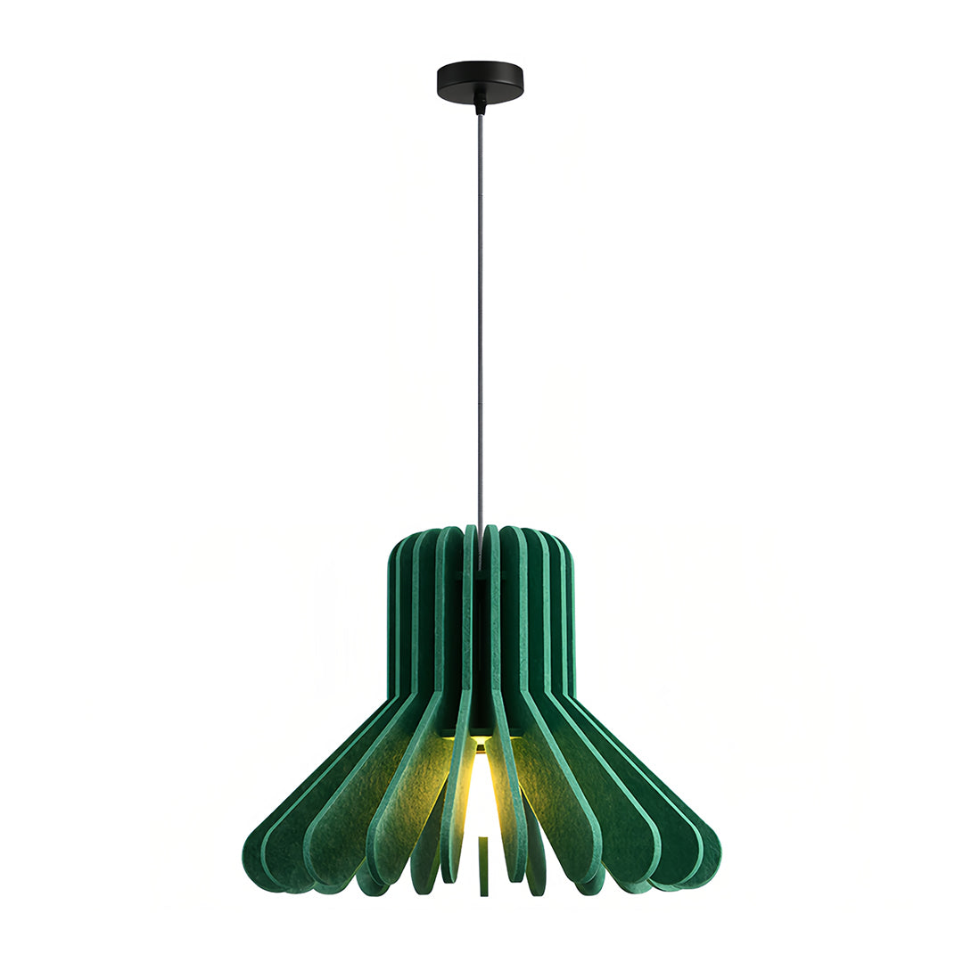 Vibrant green felt material tiny pendant light with ribbed bottom edge and warm light 