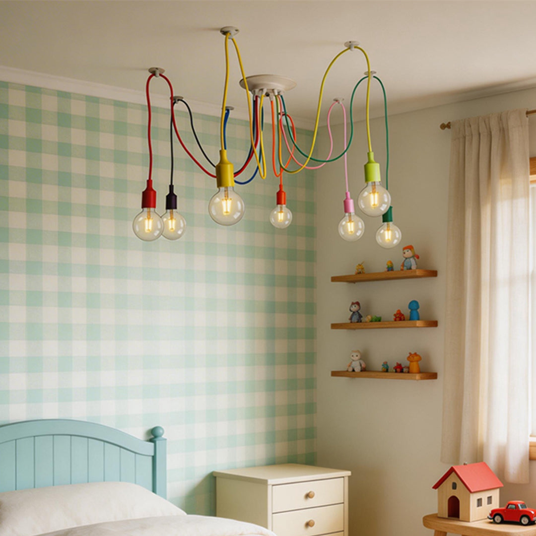 Vibrant multi-color spider chandelier lighting for a creative kids bedroom.