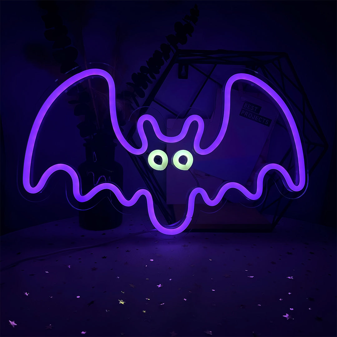 Vibrant purple bat halloween neon lights sign for a bedroom accent or kids room lighting decoration.