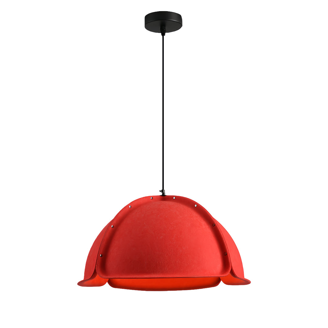 Vibrant red felt colored pendant light featuring a large scalloped dome shade and exposed stitching details.