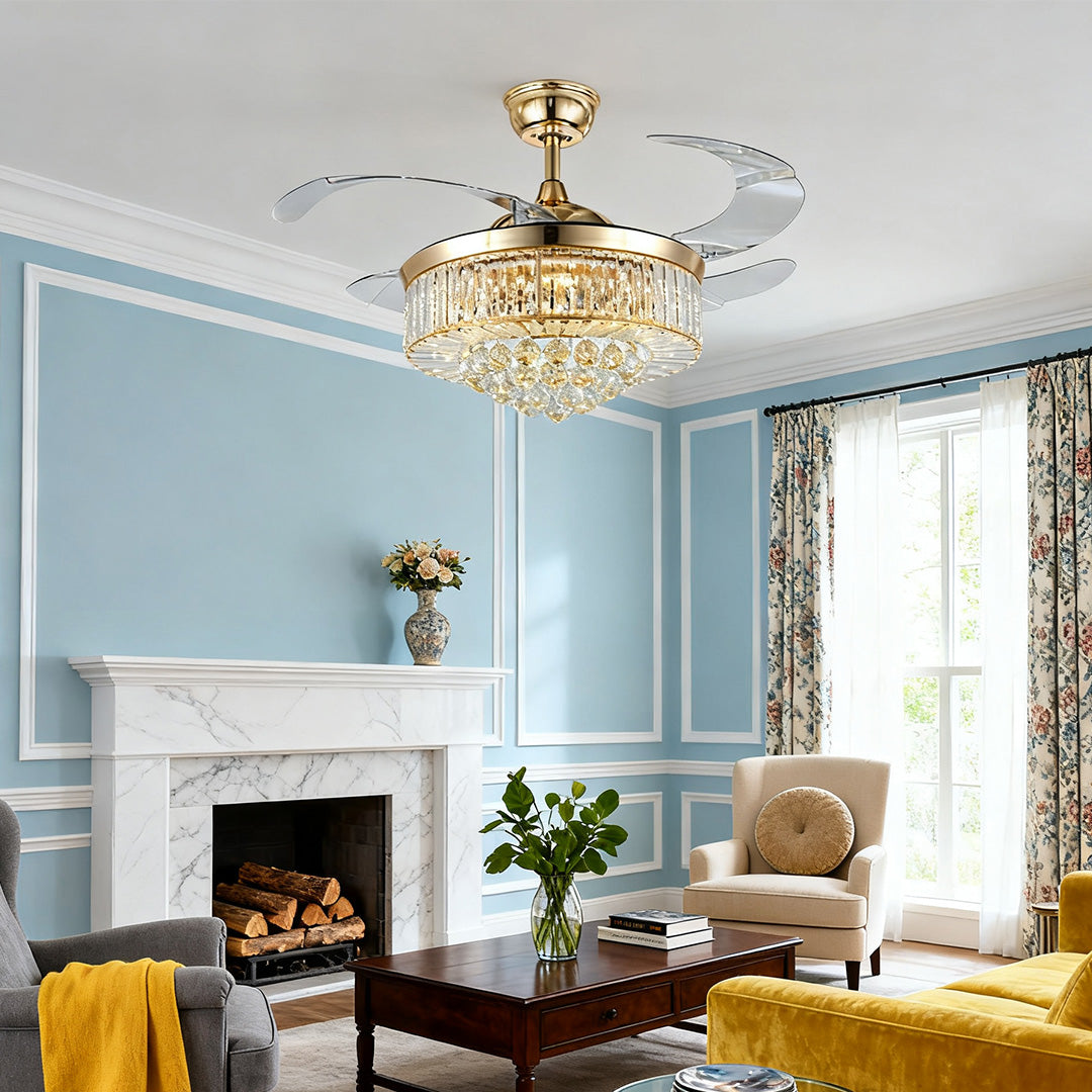 Victorian crystal ceiling fans with lights and retractable blades in a blue living room 