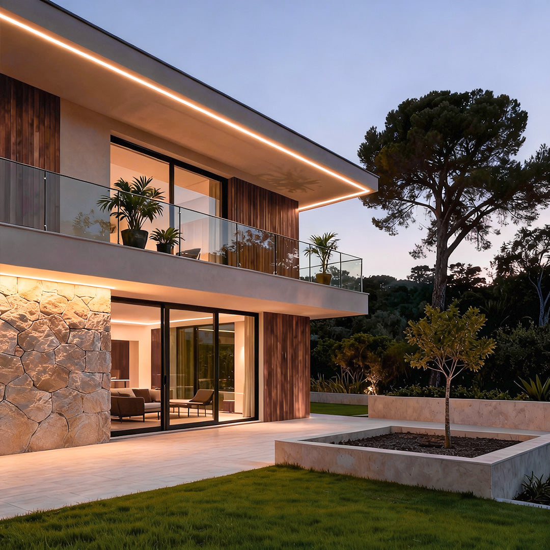Contemporary villa exterior with warm LED wall washer lighting along roofline.