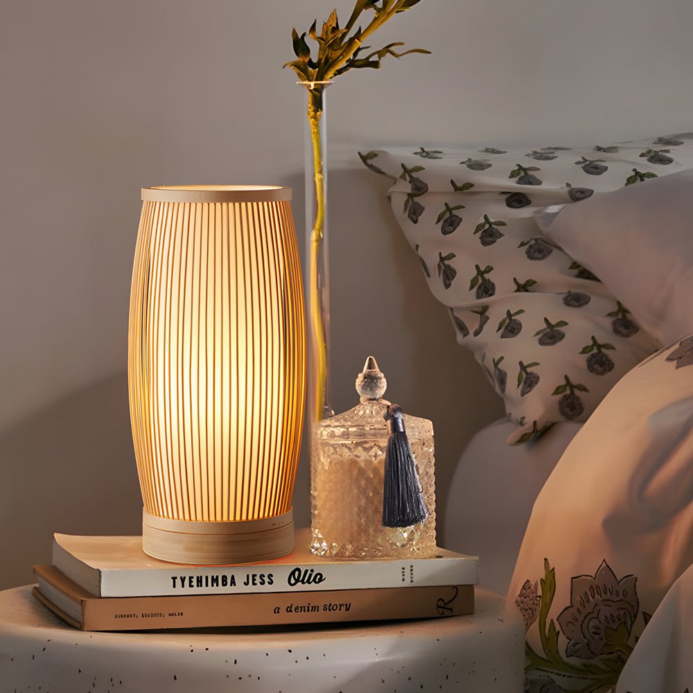 Sleek vintage bamboo table lamp with fine bamboo craftsmanship, ideal for a minimalist yet sophisticated space.