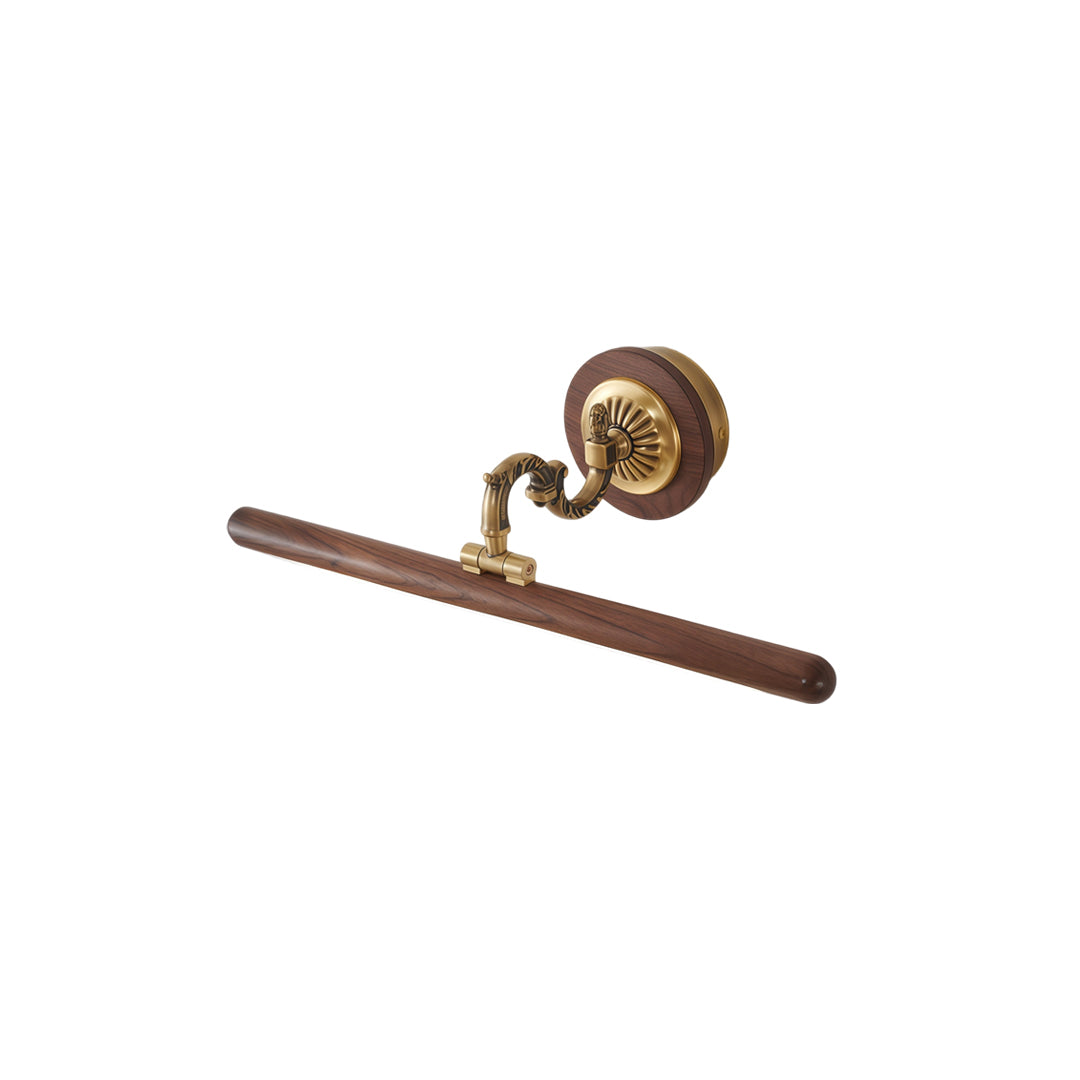 Vintage bathroom vanity bar light fixtures with wood finish and decorative round wall mount design.
