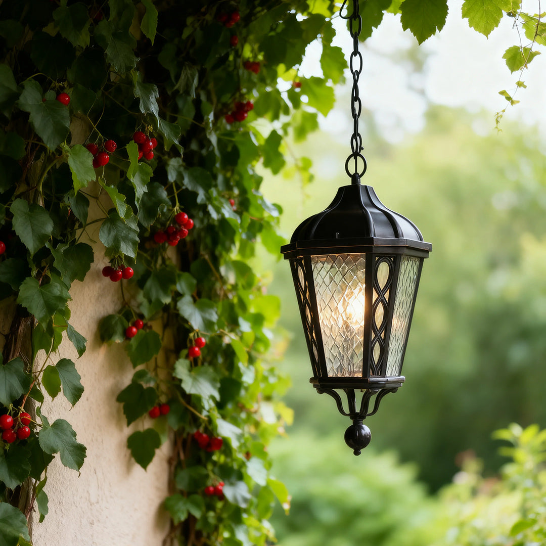 Vintage-style black pendant light in a garden setting, warm and inviting lighting