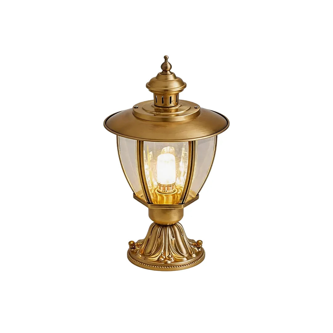 Vintage brass finish pillar lantern with clear glass and decorative base