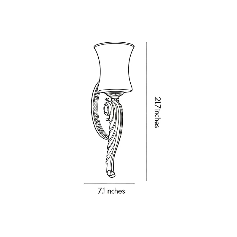 Vintage brass wall sconce dimension drawing showing fixture height, width, and overall measurements.