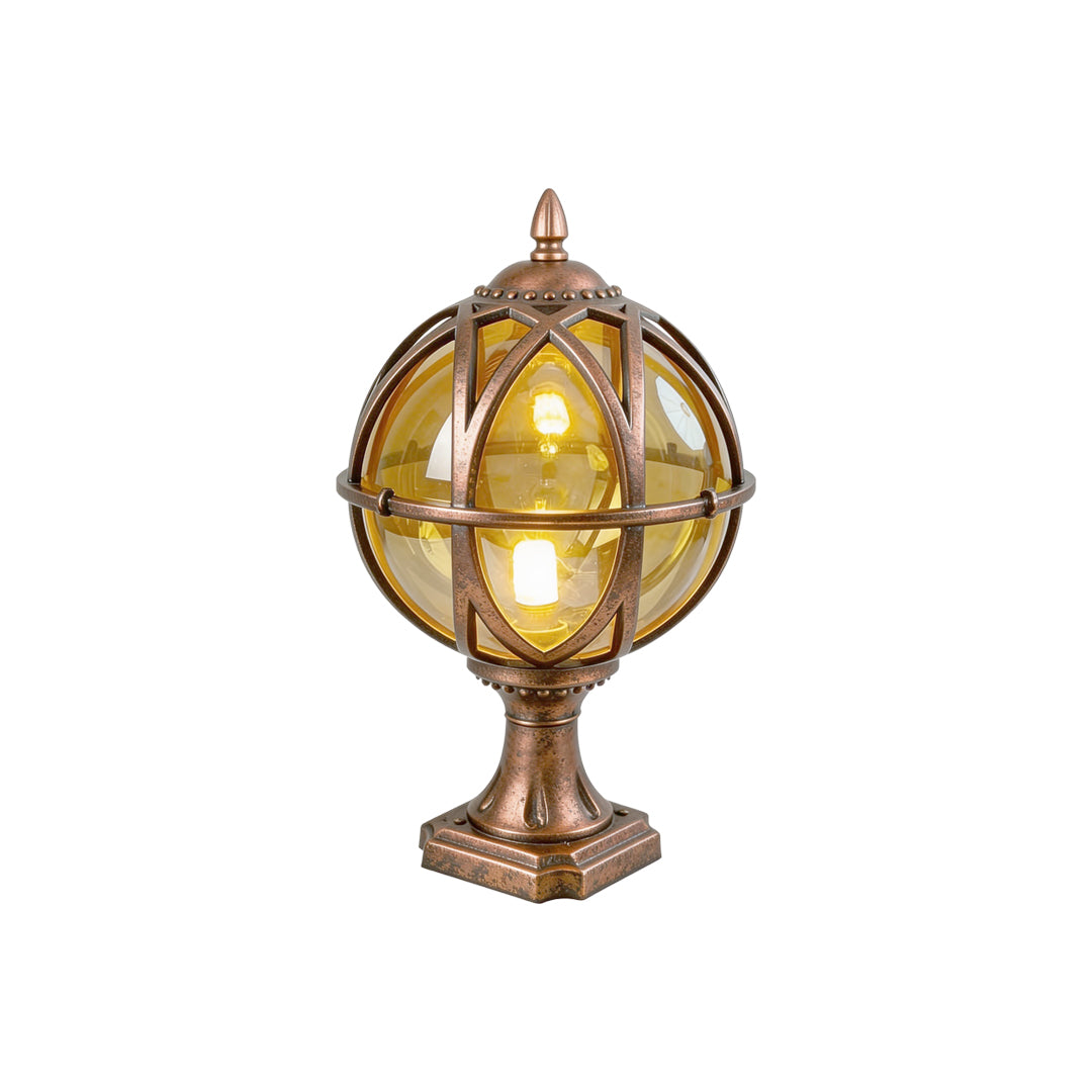 Vintage bronze globe pillar light with classic lantern style on a clean white studio background.