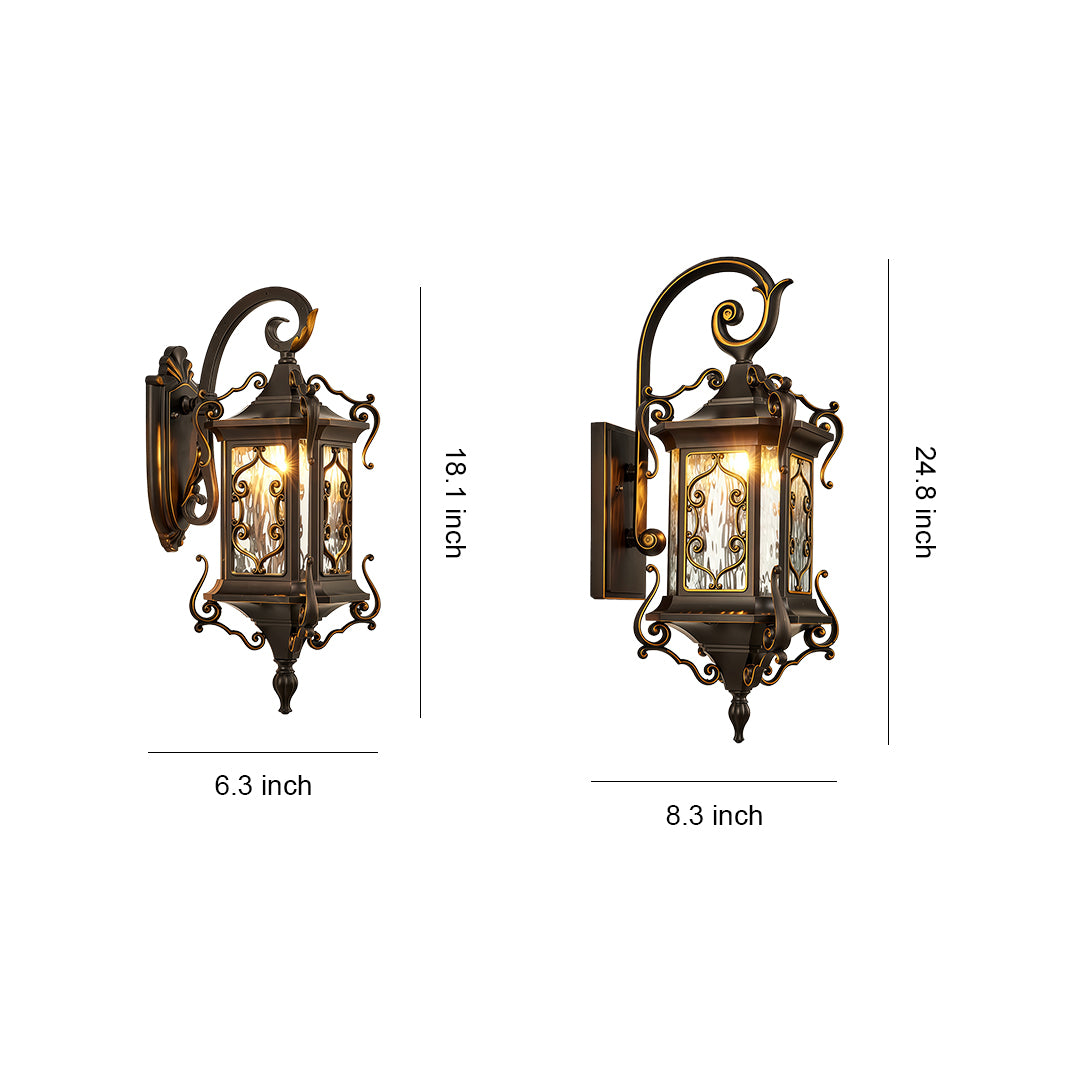 Elegant Outdoor Wall Sconce Light with vintage bronze finish and decorative scroll design.