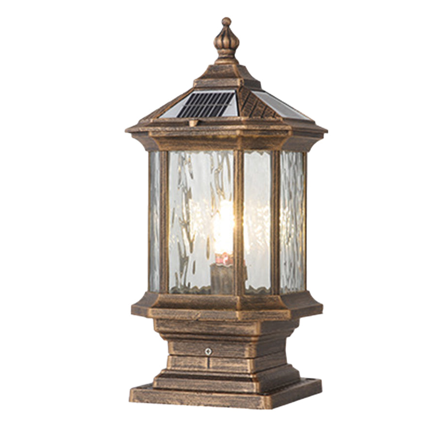 Vintage-style bronze post lantern with seeded glass and traditional architectural detailing