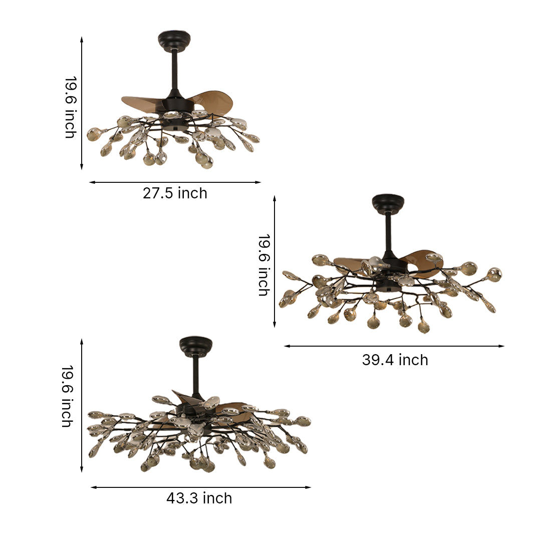 Technical specifications diagram showing three size options for glam ceiling fan with light fixtures