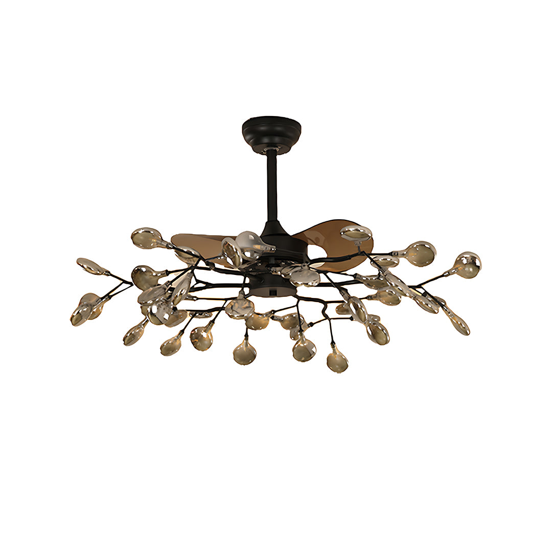 Vintage style ceiling fan with light installed above rustic dining table with woven chairs in warm neutral room