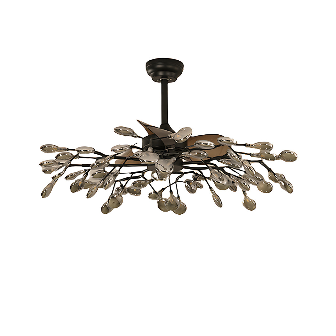 Vintage style ceiling fan with light mounted in modern minimalist hallway with white walls and soft natural lighting